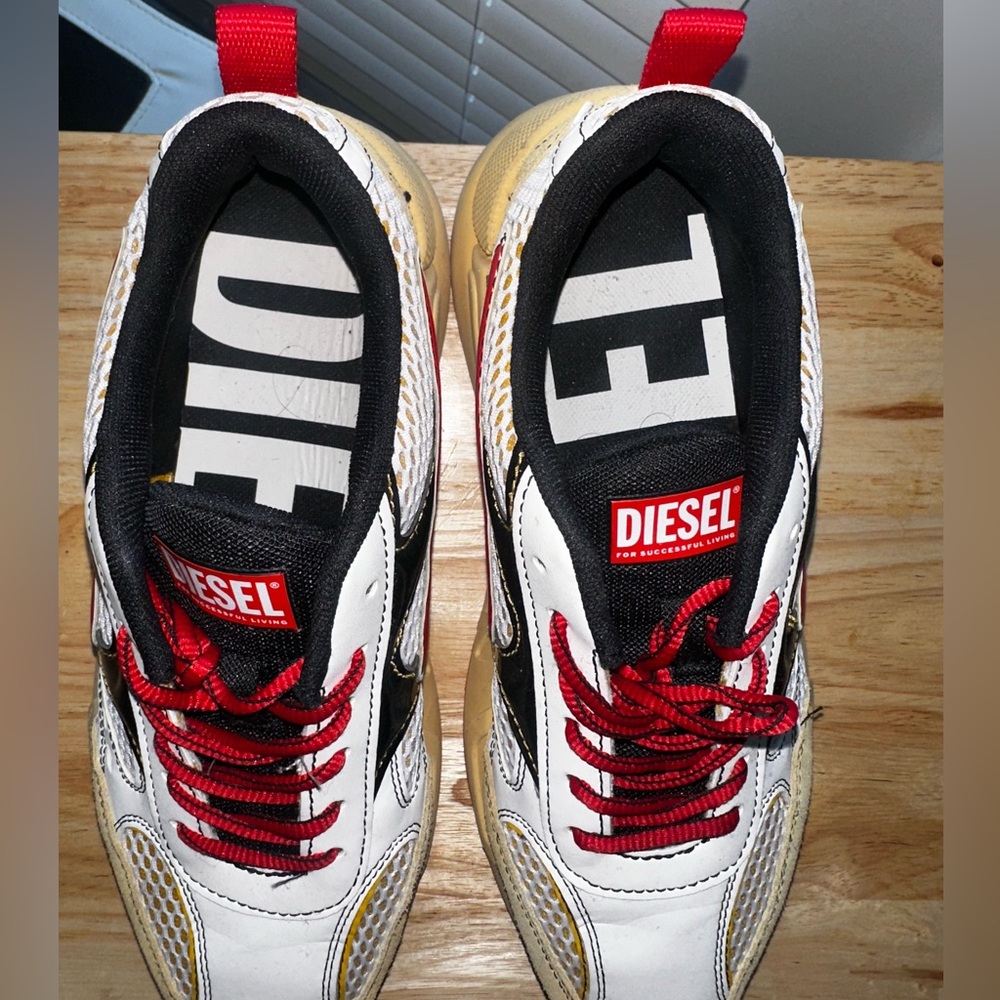 Diesel White and Black Sneakers with Red Laces